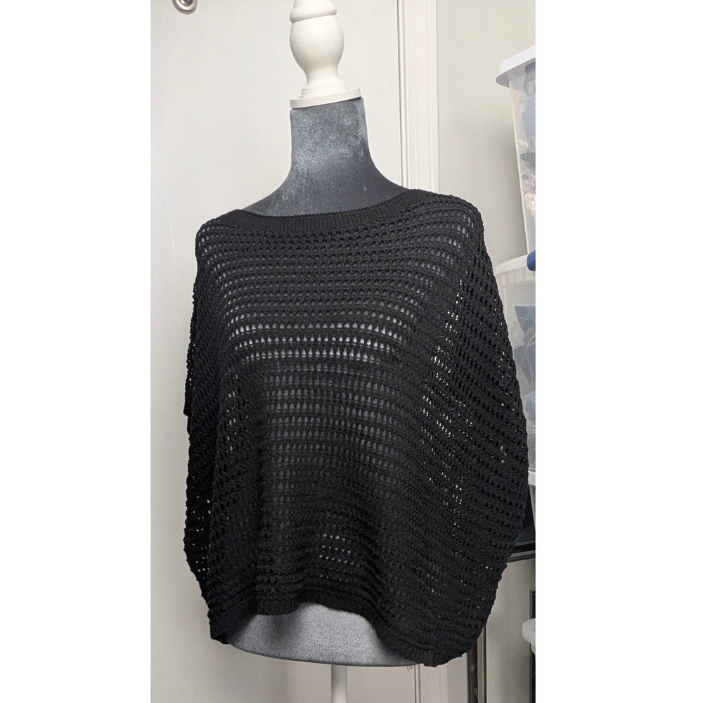 Max Studio London Black Open Knit Boat Neck Linen Blend Sweater Relaxed Boxy OS